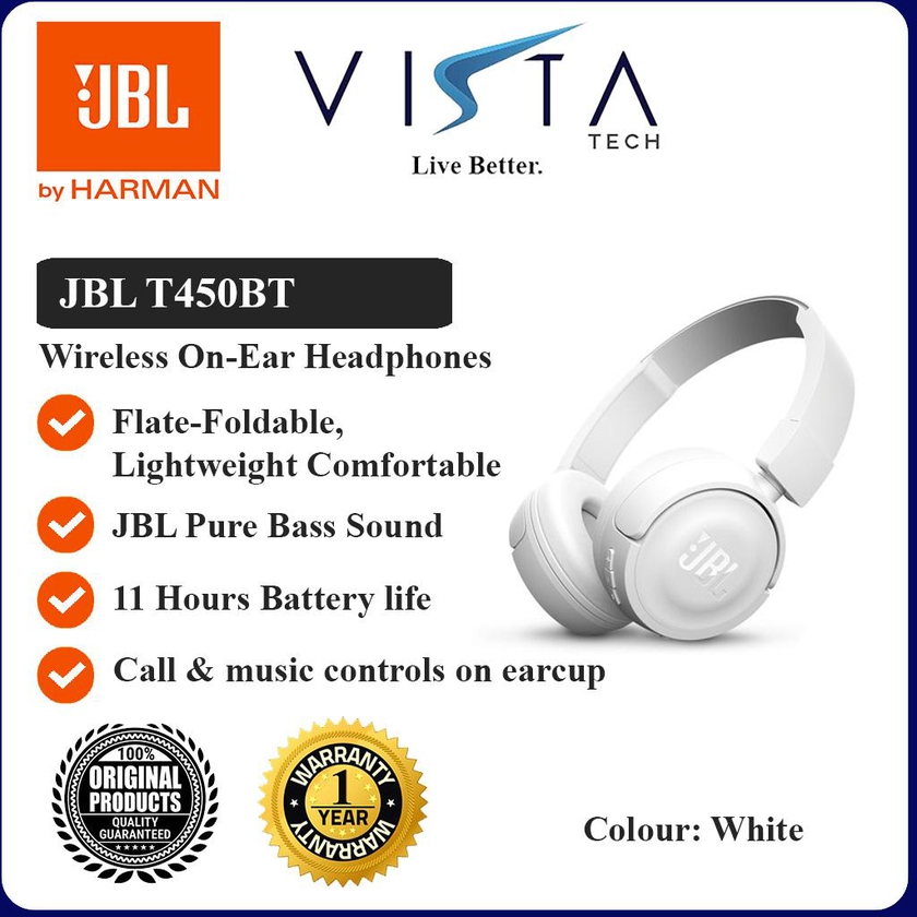 JBL T450BT Wireless On-Ear Headphones (White)