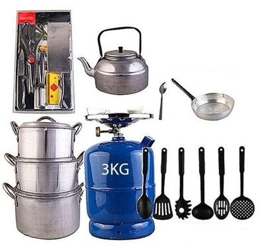 Economy Kitchen Bundle 3kg Gas Cylinder + Set Of 3 Pots + 1 Kettle + 1 Frying Pan + 1 Set Of Non-stick Frying Spoons + 1 Small Knife + 1 Set Of Table Spoons
