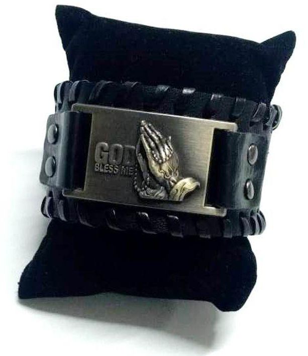 Fashion Black Leather Prayer Engraved Bracelet