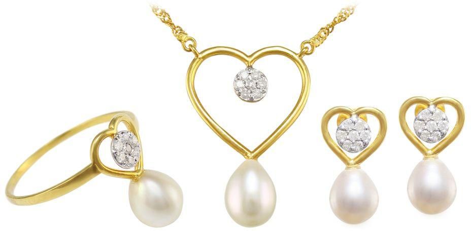 VP Jewels 18k Solid Gold 0.28ct Genuine Diamonds 7mm Pearl Solitaire Heart Earrings, Ring and Pendant Necklace Set - - She Sale