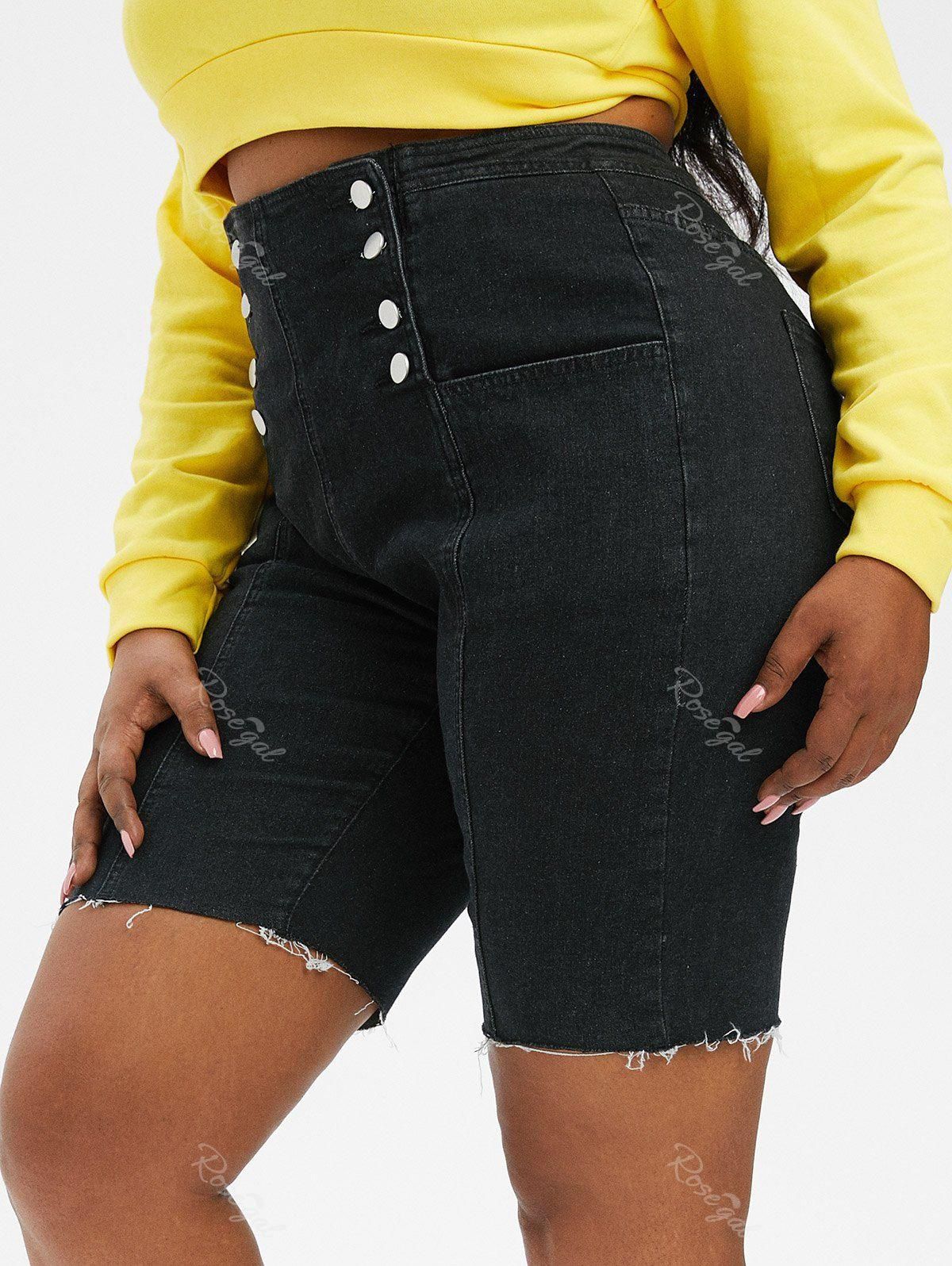 Plus Size & Curve Frayed Double Breasted Denim Biker Shorts - 1x