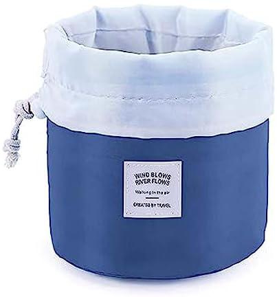 Travel Cosmetic Bags Barrel Makeup Bag,Women&Girls Portable Foldable Cases, Multifunctional Toiletry Bucket Bags Round Organizer Storage Pocket Soft Collapsible(Deep blue)