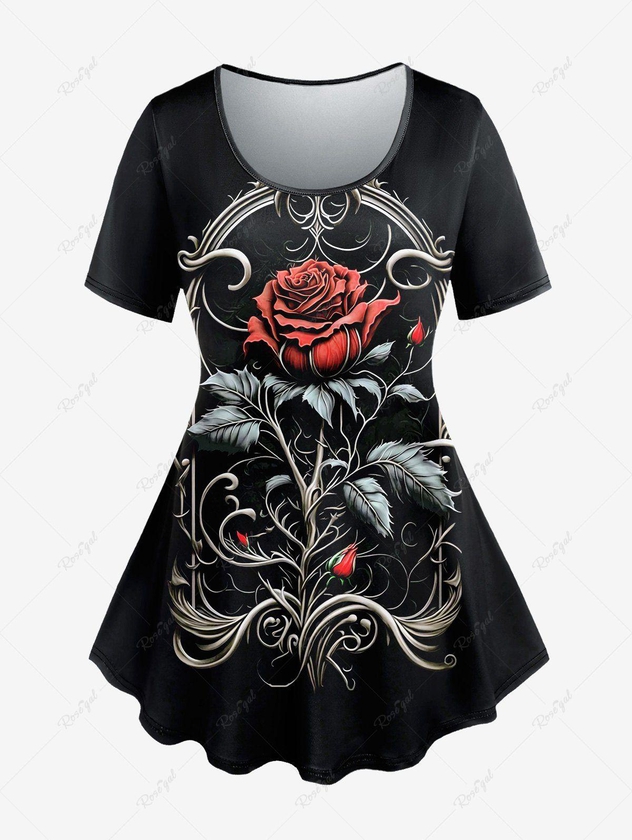 Plus Size Vintage Rose Leaves Print T-shirt - 6x
