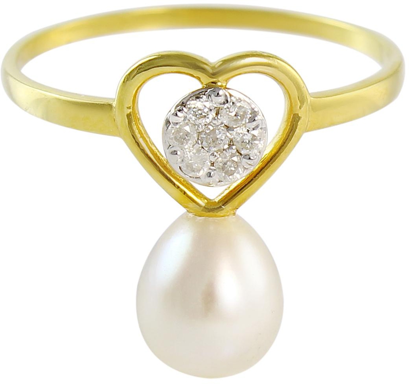 Vera Perla 18K Solid Yellow Gold 0.07Cts Genuine Diamonds and 7mm Pearl Solitaire Heart Ring -Size 7 US