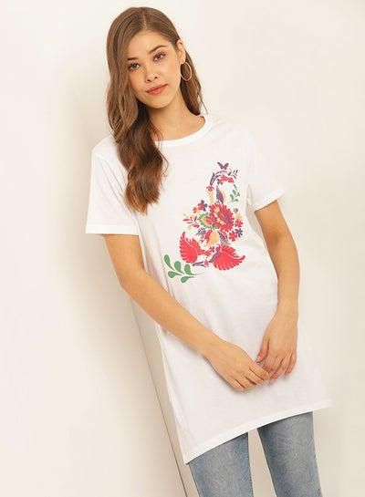 Printed Round Neck Casual Wear Tunic White