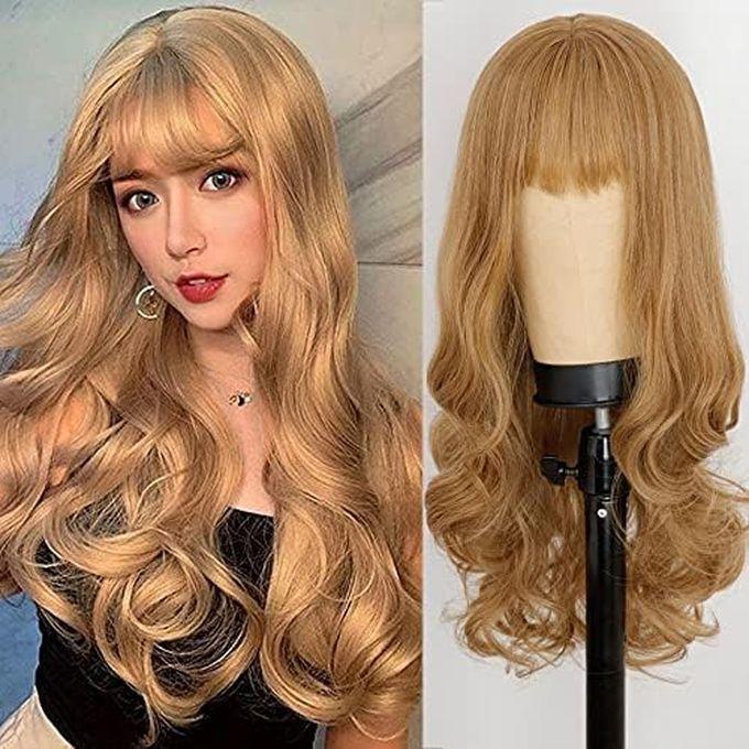 Long Wavy Synthetic Hair Wig With Bangs, Brown Blonde Natural Hair Role Play, Synthetic Wig