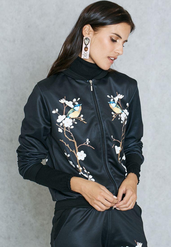 Bird Floral Print Bomber Jacket