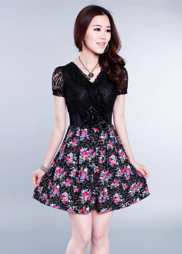 Women Lace Floral A-Line Short Sleeves Dress - L Size (Black)