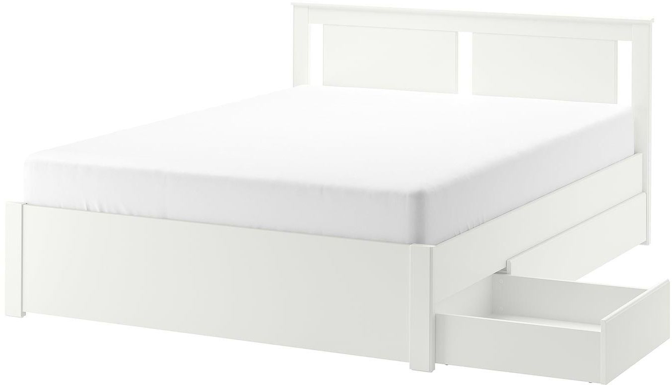 SONGESAND Bed frame with 2 storage boxes - white/Lindbåden 160x200 cm