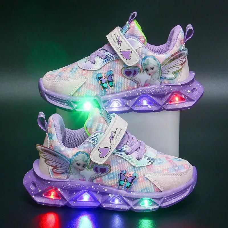 Frozen Elsa Girls' Shoes with Lights for Autumn New Fashion Leather Lightweight Children's Sports Shoes Mesh Sneakers for Small,Medium,and Large 1-2 Years Old Kid's Princess Shoes 