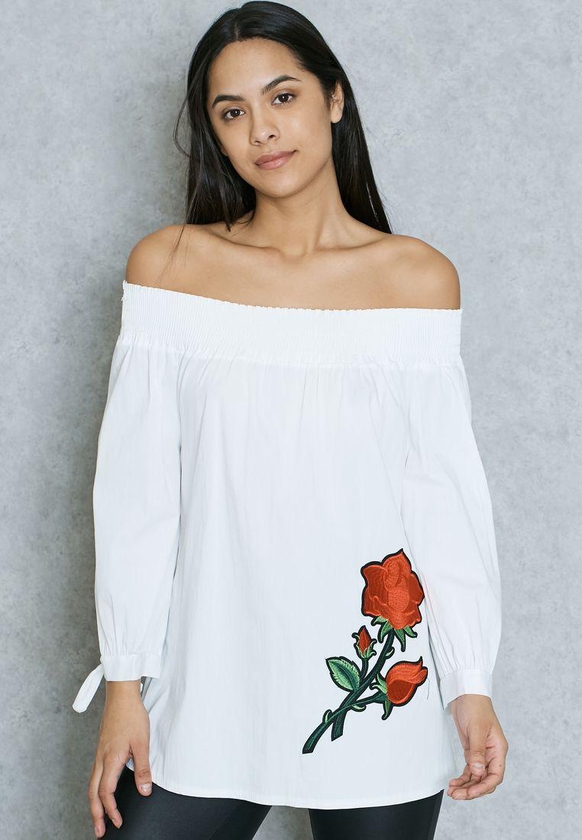 Embroidered Tie Sleeve Bardot Top