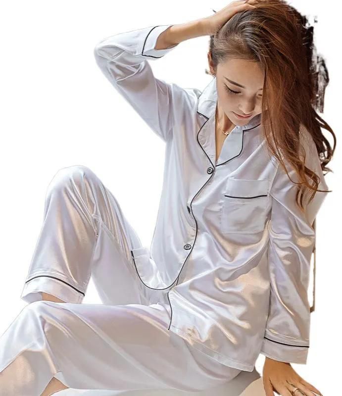 Women Imitation Silk Pajamas Set Long Sleeve Ladies Satin PJ Sets Button-Down Sleepwear Loungewear