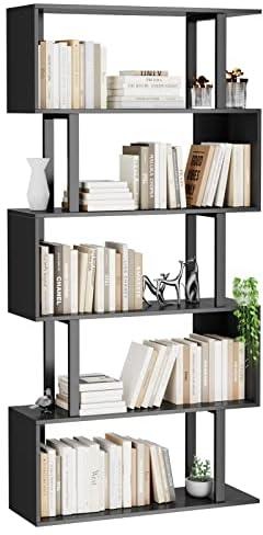Gadroad 5-Tier Geometric Bookcase,S Shaped Bookshelf, Wood Decorative Storage Shelving, Modern Freestanding Display Shelves, Tall Book Shelf Unit for Living Room Bedroom, Black