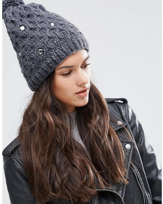 Alice Hannah Cable Knit with Gem Beanie Charcoal