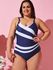 Plus Size 1950s Navy Stripe Star Pattern One-Piece Swimsuit - L