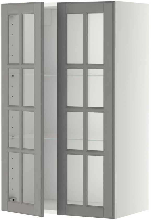 METOD خزانة حائط مع أرفف/بابين زجاجية - أبيض/Bodbyn رمادي ‎60x100 سم‏