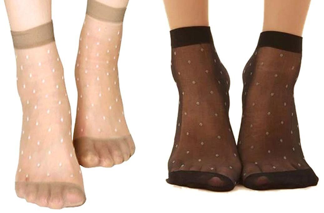 Transparent Elastic Sheer Socks Dots Pattern Ankle High Black 1,Beige 1 Pair