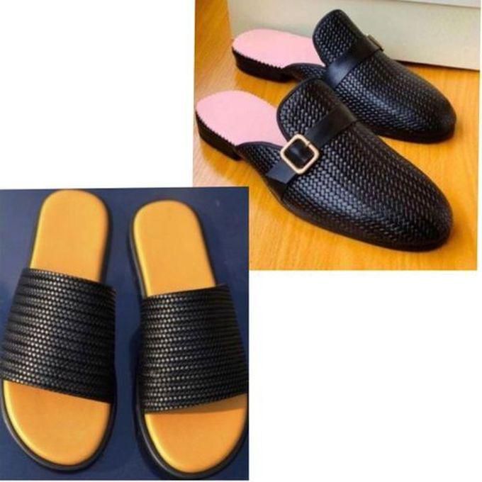 Men's Premium Leather Half Shoe & Leather Cover Slide - Black