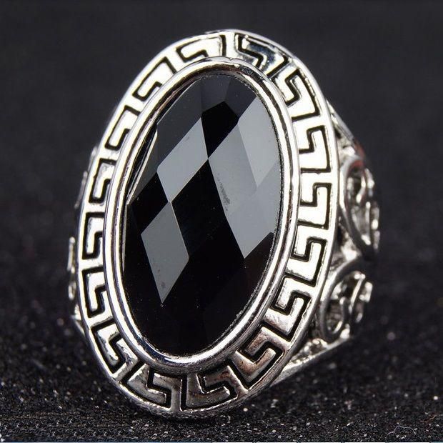 خاتم مطلي بالفضة مع الزجاج لون أسود