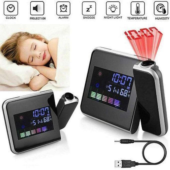 Alarm Clock Digital Projection And Weather And Temperature And Date - Black