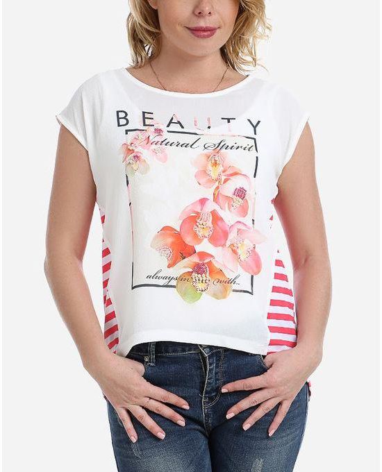 Femina Floral Back Striped Top - Coral Red & White