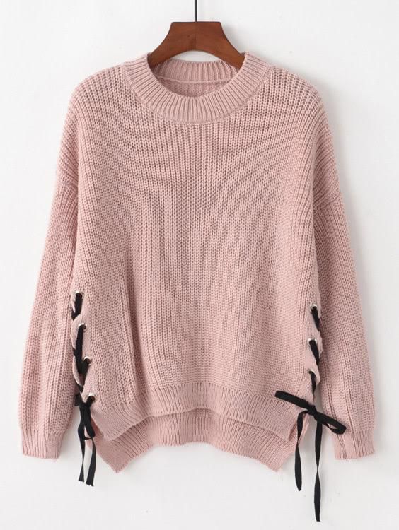 SHEIN | Lace Up Side Drop Shoulder High Low Sweater