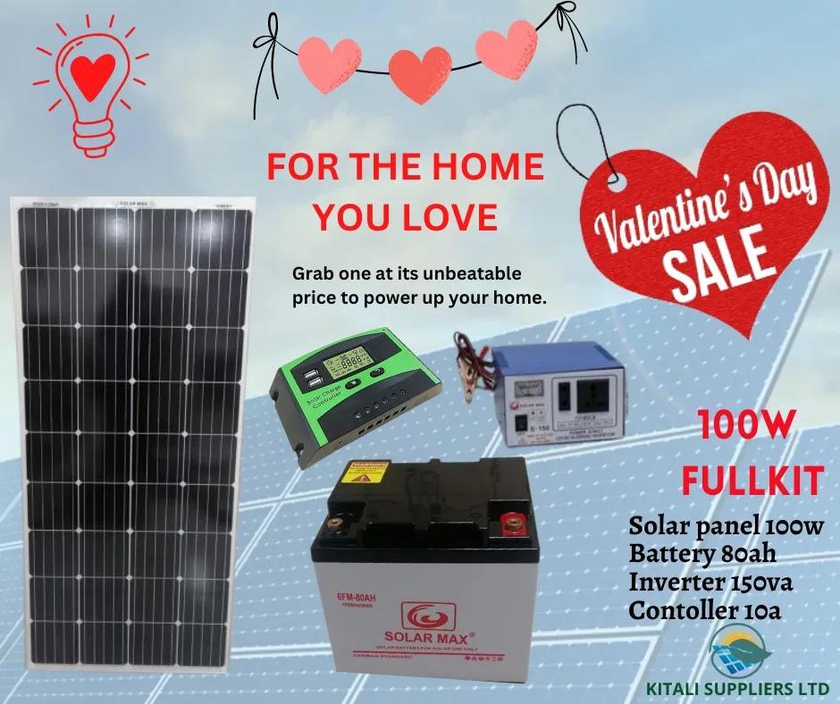 Solarmax solar 100w fullkit. Monocrystalline panel (all weather), Dry Cell Solar battery, Digital controller and Powerful power inverter