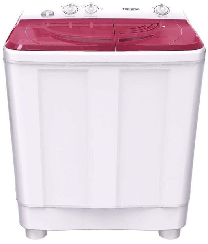 Get Tornado TWH-Z12DNE-W Half Automatic Washing Machine, 12 Kg, 2 Motors - White Red with best offers shop online | cash on delivery | Raneen.com