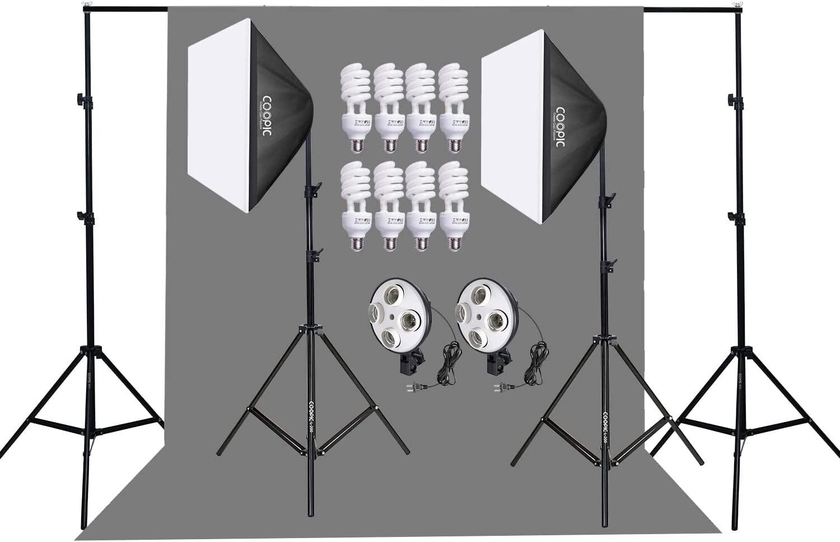 COOPIC S03 2M x 3M Background Support System With 3x3m Grey Background Non woven and Continuous Lighting Kit for Photo Studio Product,Portrait and Video Shoot Photography