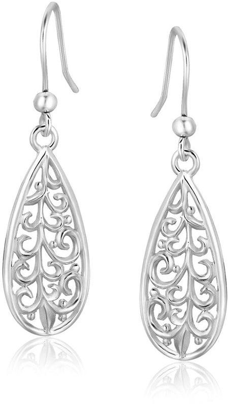 Sterling Silver Teardrop Filigree Style Drop Earrings-rx31630
