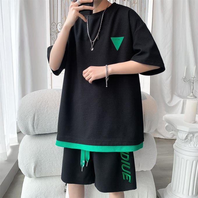 Fashion 2pcs Men's Short Sleeve T-Shirt+Shorts, Youth Casual Sports Suit, Homewear-Black