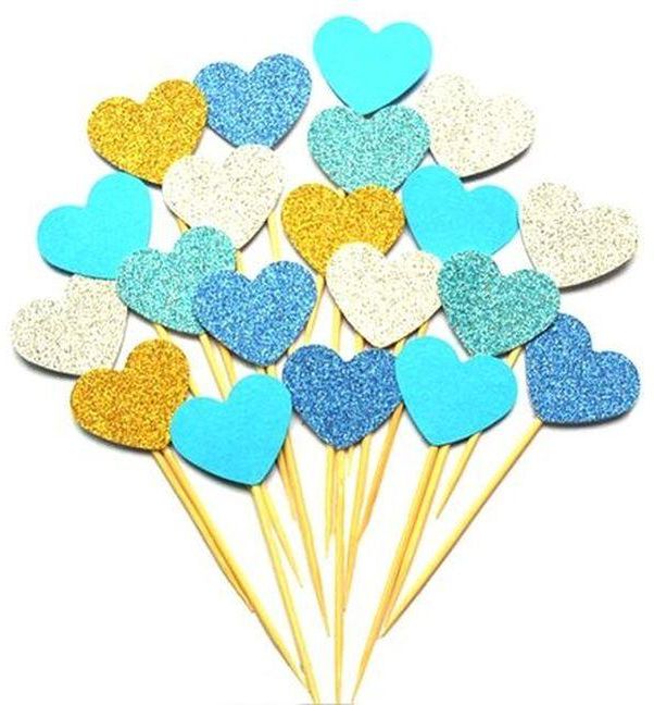 Memories Maker Heart Shape Cake Card Flags Decoration - 12 Pcs - Blue