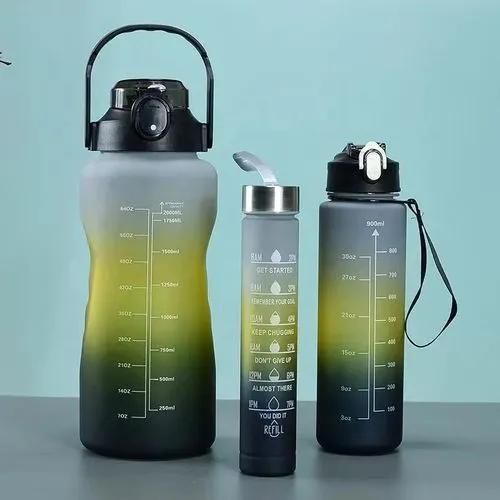 KipFit 3-in-1 Set Water Bottle Motivational Sports Leakproof Bottle 3 piece set of super capacity, press the spring cover and open the cover with one button, convenient and fast.