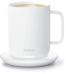 ايمبر مج ذكي للتحكم في درجة الحرارة 2، 10 اونصة، كوب قهوة ساخن يتم التحكم فيه عن طريق التطبيق مع عمر بطارية 80 دقيقة وتصميم محسن، ابيض