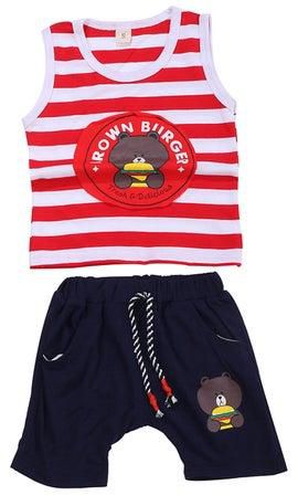 Boys Bear Print Tank Top & Shorts Set Red/Navy