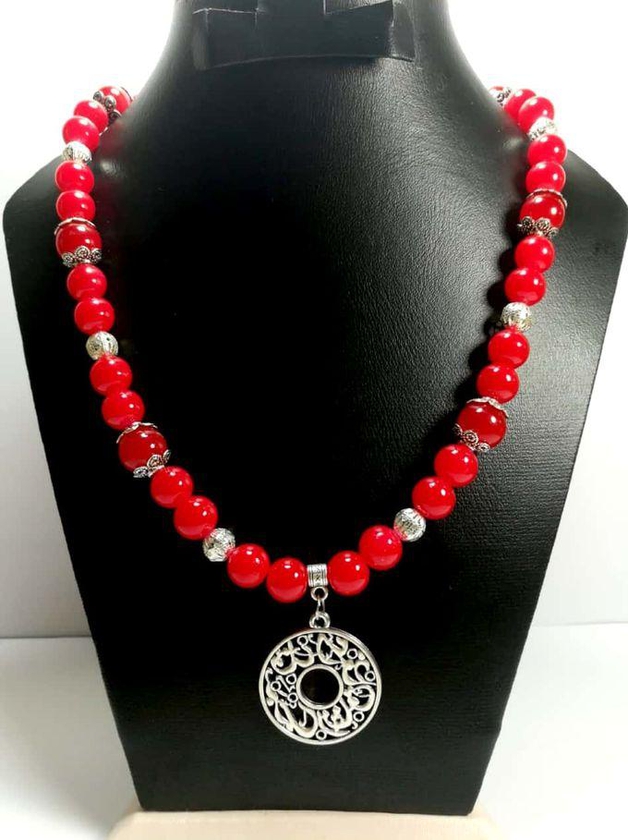 Necklace Beads Alabaster Red With Necklace Silver