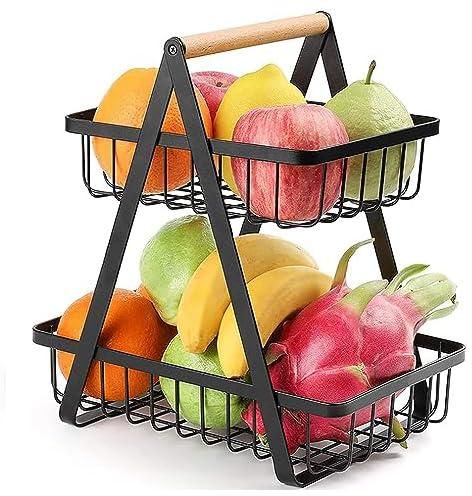 2-Tier Countertop Fruit Basket Fruit Bowl Bread Basket Vegetable Holder for Kitchen Storage, Black