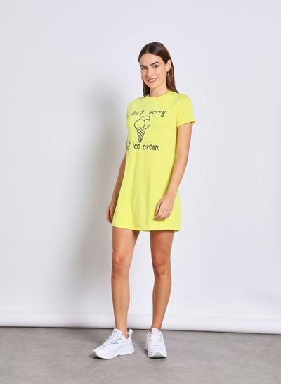 Women'S Casual Knee Length Short Sleeve Printed Knit Dress Yellow