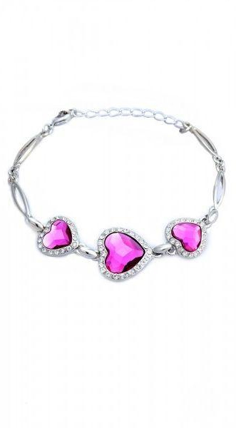 Swarovski Elements Women's White Gold Plated with Pink Heart Swarovski Crystal Bracelet - SWR-193