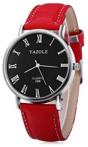Yazole Men Leather Quartz Watch - Red+Black