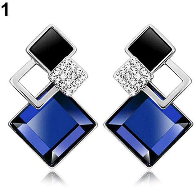 Fashion Women's Fashion Rhombic Rhinestone Eardrop Korean Style Earrings Party Jewelry-Silver + Blue