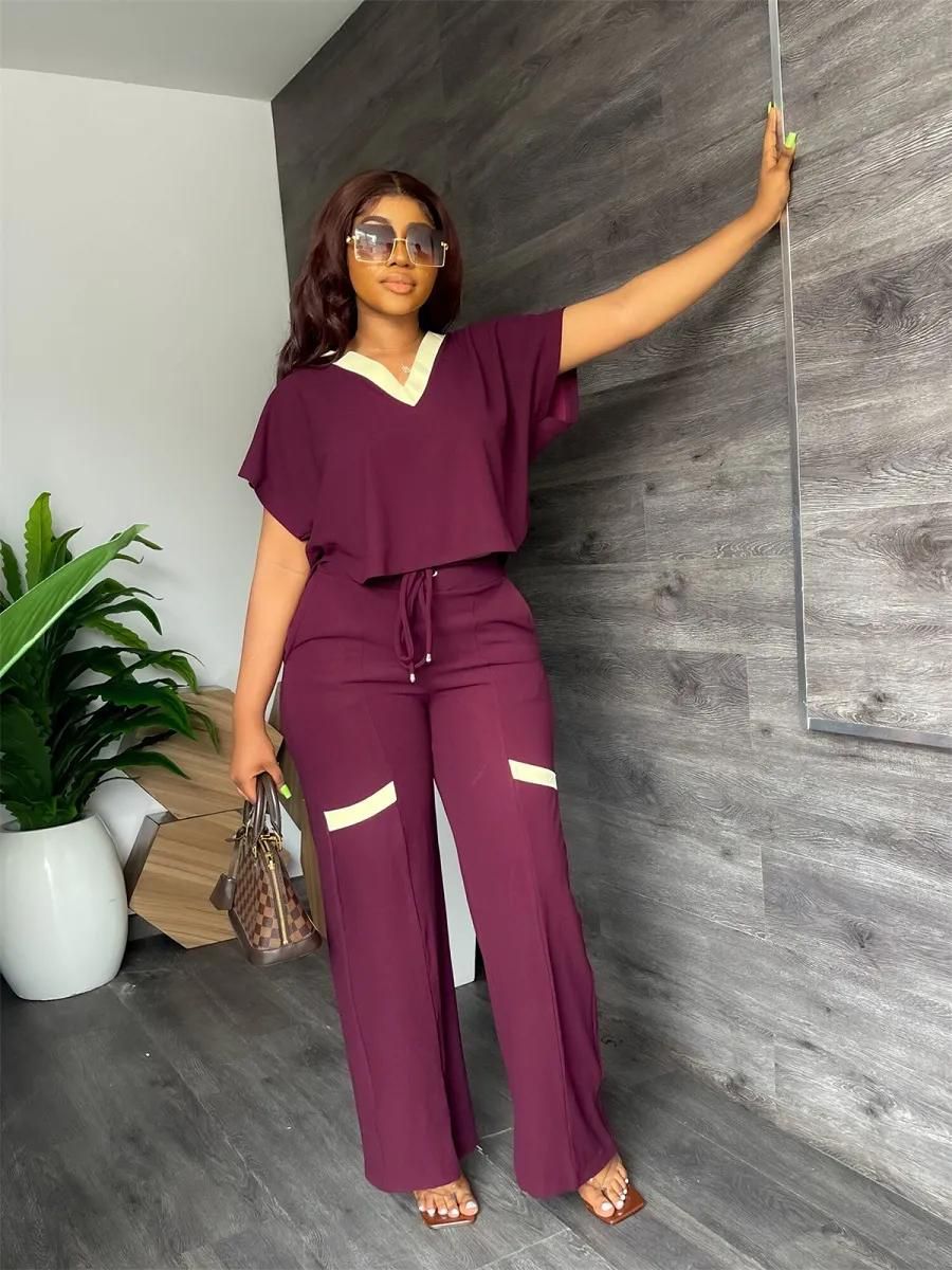 Women Solid Color Casual Short Sleeve T-Shirt Sports Suit Straight Pants Summer Two-piece Set