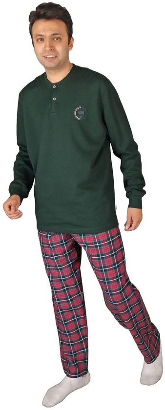 Jet Men Winter Pajama Set Long Sleeve &Carreau Bottom-Dark Green