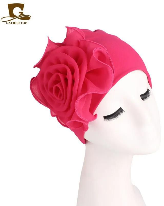 New Fashion Designer King Size Flower Stretchy Girls Party Hats Hair Turban Hat Women Bonnets Cap