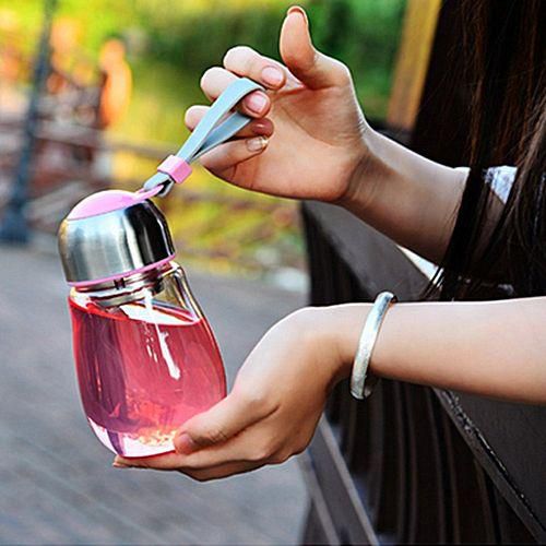 Universal 400ML Borosilicate Glass Water Travel Bottle BPA Free With Tea Filter Protective Light Pink