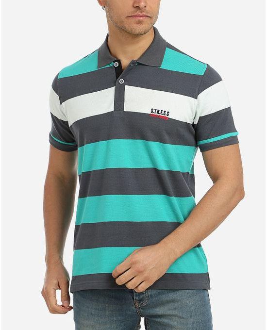 Stress Tri-Tone Striped Polo Shirt -Turquoise