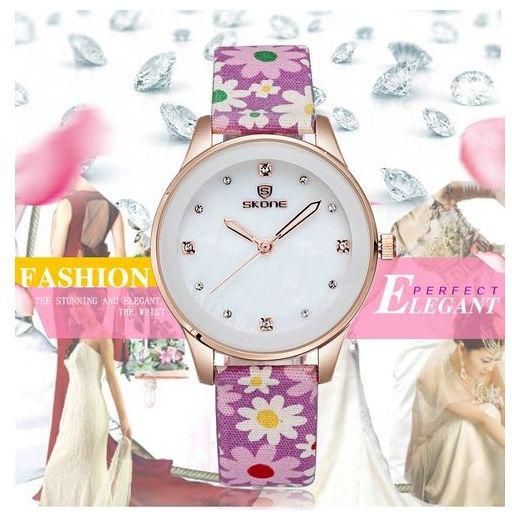 Louis Will Skone Women Dress Watches Fabric Band Quartz Watches Rhinestones Rose Gold Case Fashion Casual Ladies Wristwatches (Purple)