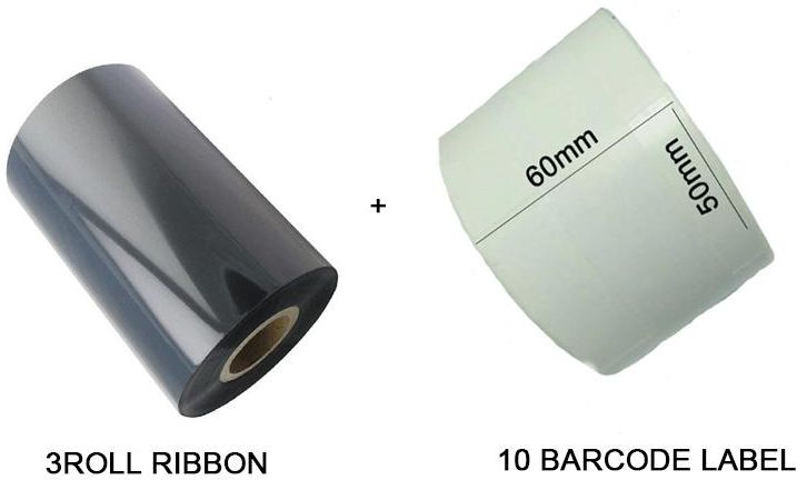 Ipohonline 3 Roll Wax Barcode Ribbon 80mm x 300m + 10 Barcode Label 60mm x 50mm  (Black - White)