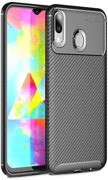 For Samsung Galaxy M20 case rubber Carbon pattern Soft TPU Shockproof cover - Black
