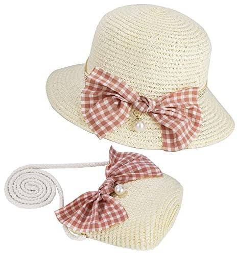 Girls Straw Hat and Mini Straw Cross Body Bag Sets, with Bowknot Decoration, Sun Protection Hats, Summer Bowknot Beach Cap for Kids, Summer Beach Sun Hat, for Travel Outdoor Activities